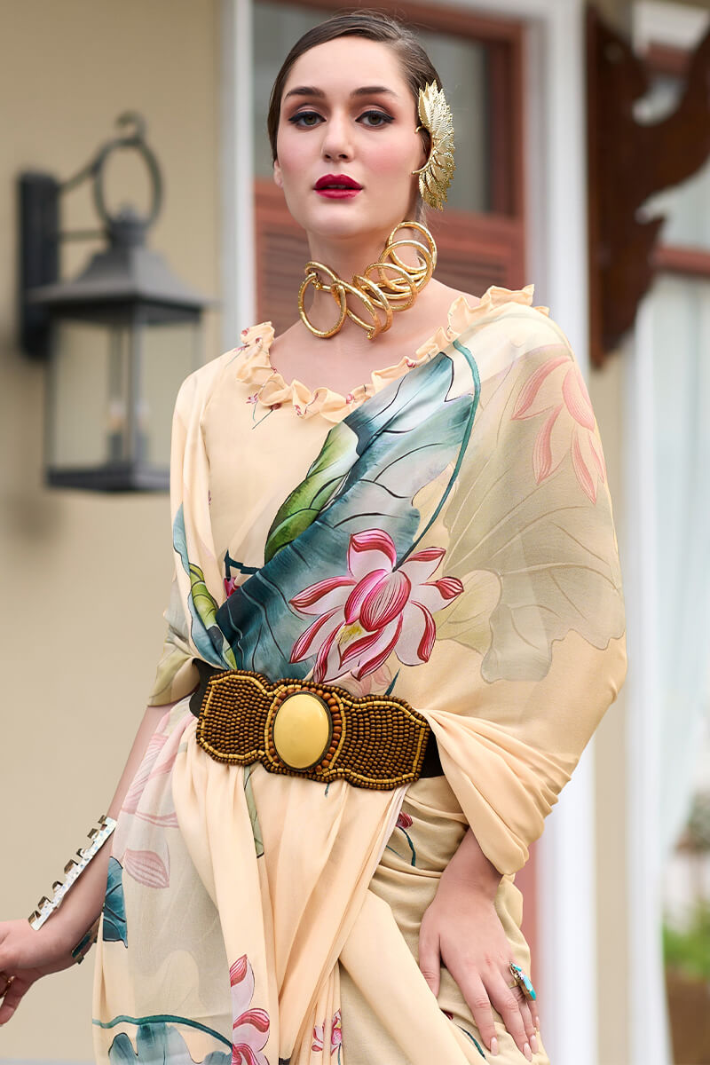 Captivating Beige Digital Printed Georgette Saree With Unique Blouse Piece