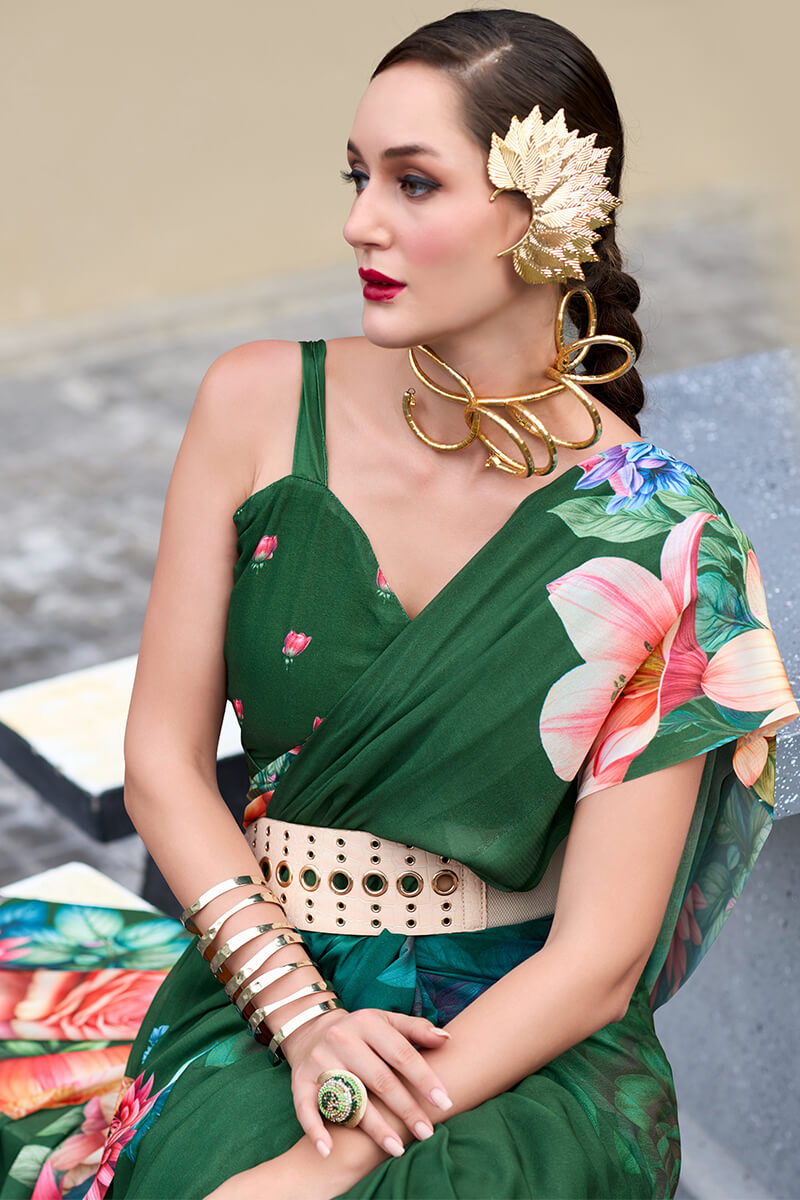 Trendy Dark Green Digital Printed Georgette Saree With Enamoring Blouse Piece