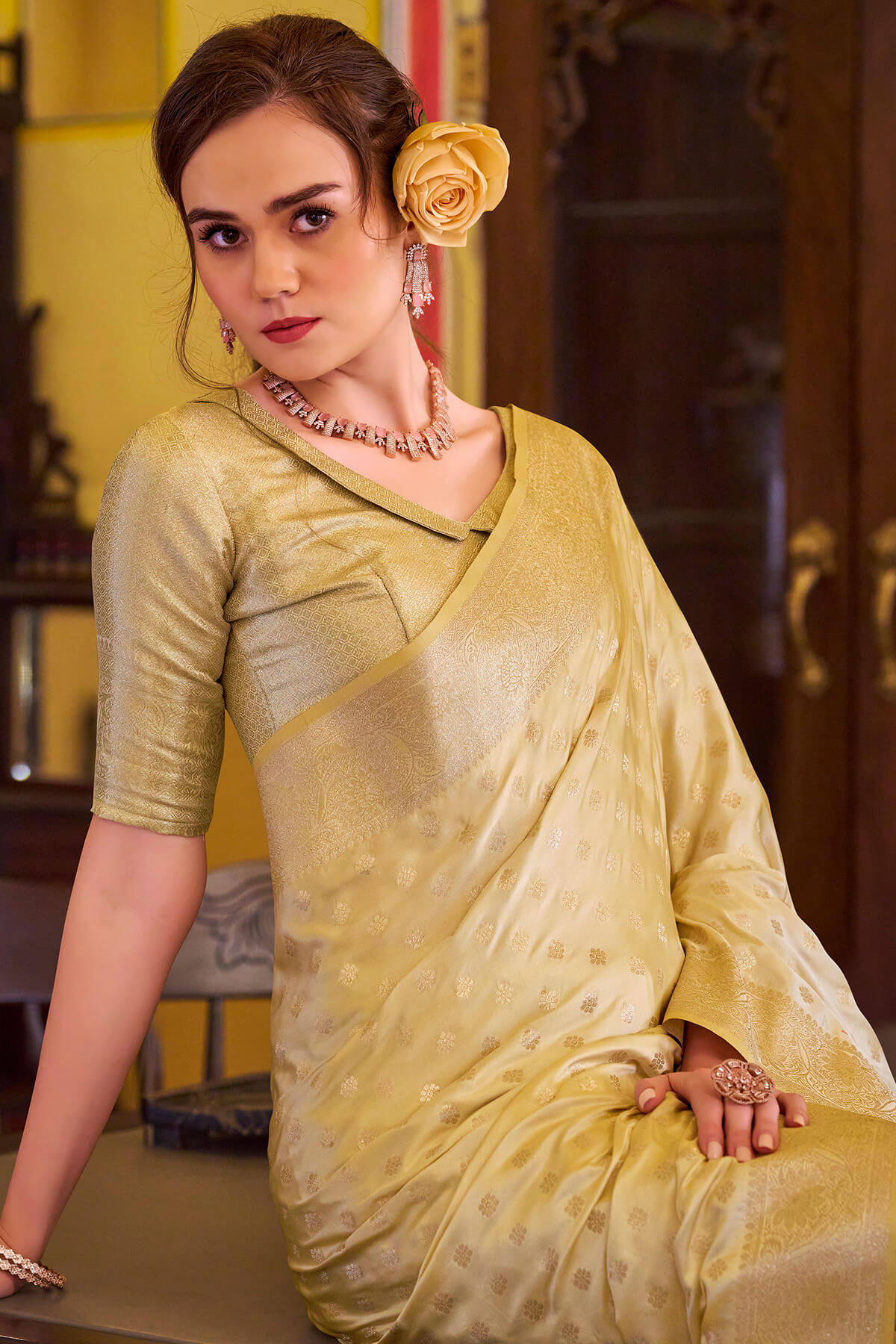 Snazzy Yellow Banarasi Satin Silk Saree With Amazing Blouse