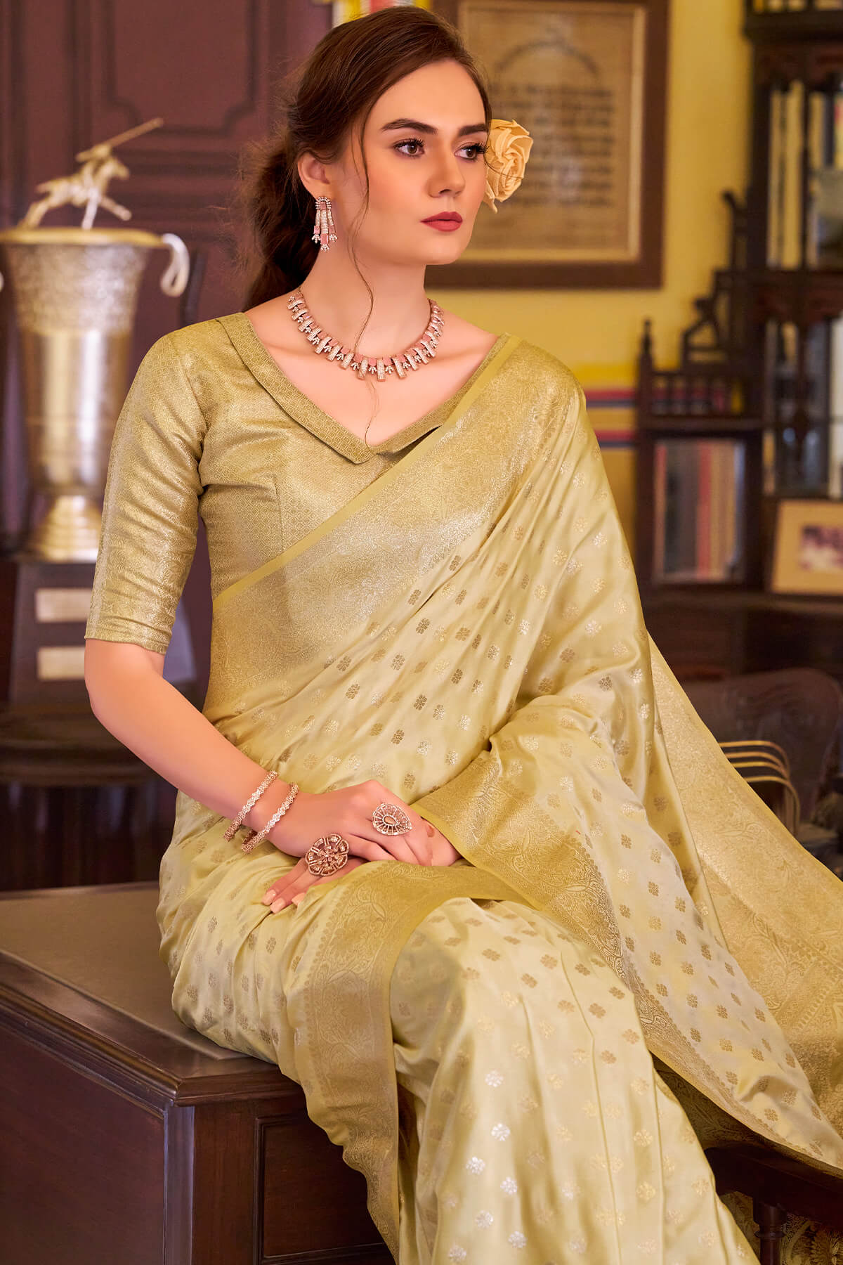 Snazzy Yellow Banarasi Satin Silk Saree With Amazing Blouse