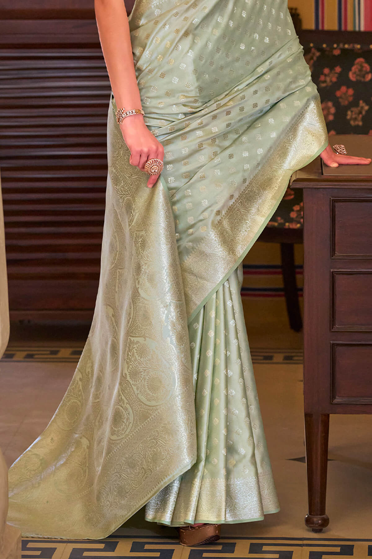 Gratifying Pista Banarasi Satin Silk Saree With Prominent Blouse