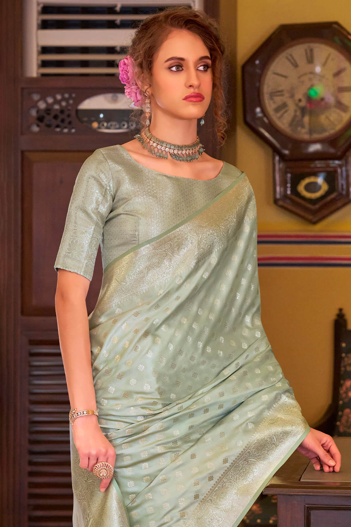 Gratifying Pista Banarasi Satin Silk Saree With Prominent Blouse