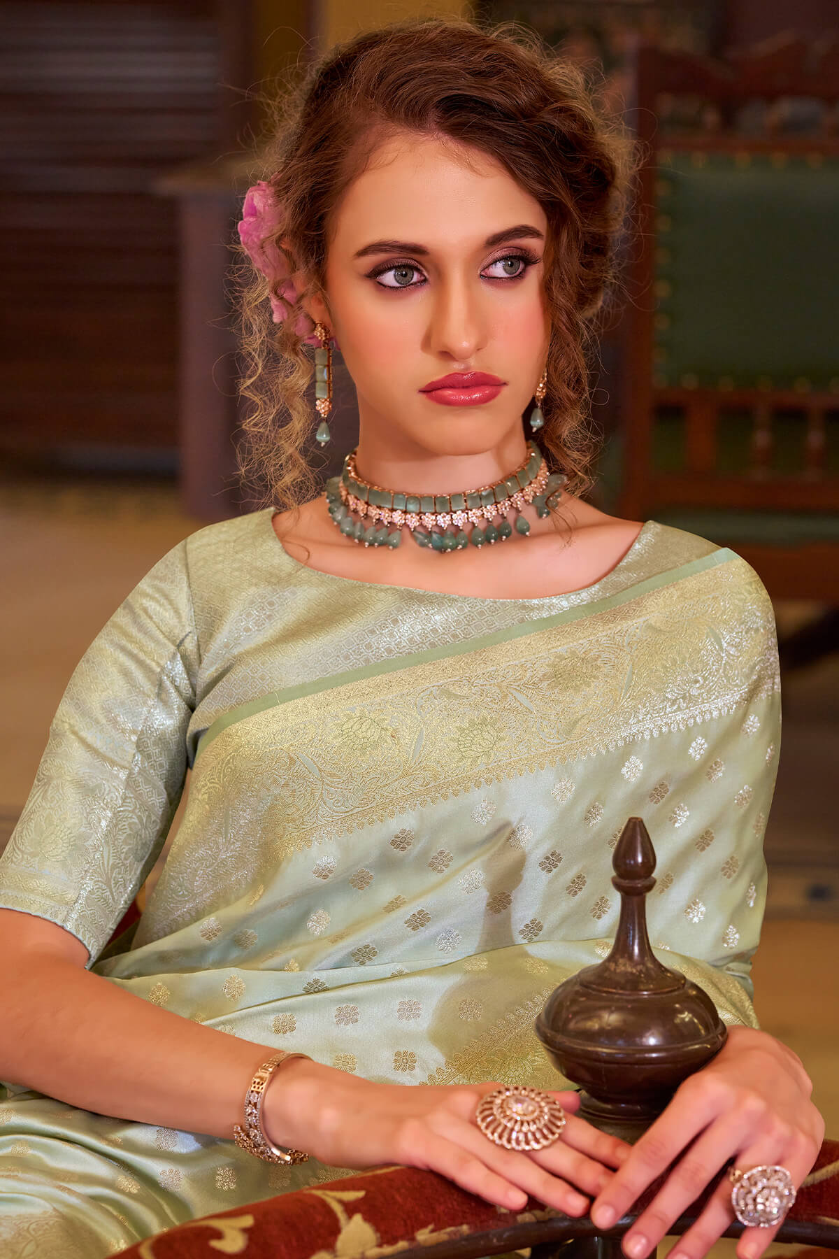 Gratifying Pista Banarasi Satin Silk Saree With Prominent Blouse