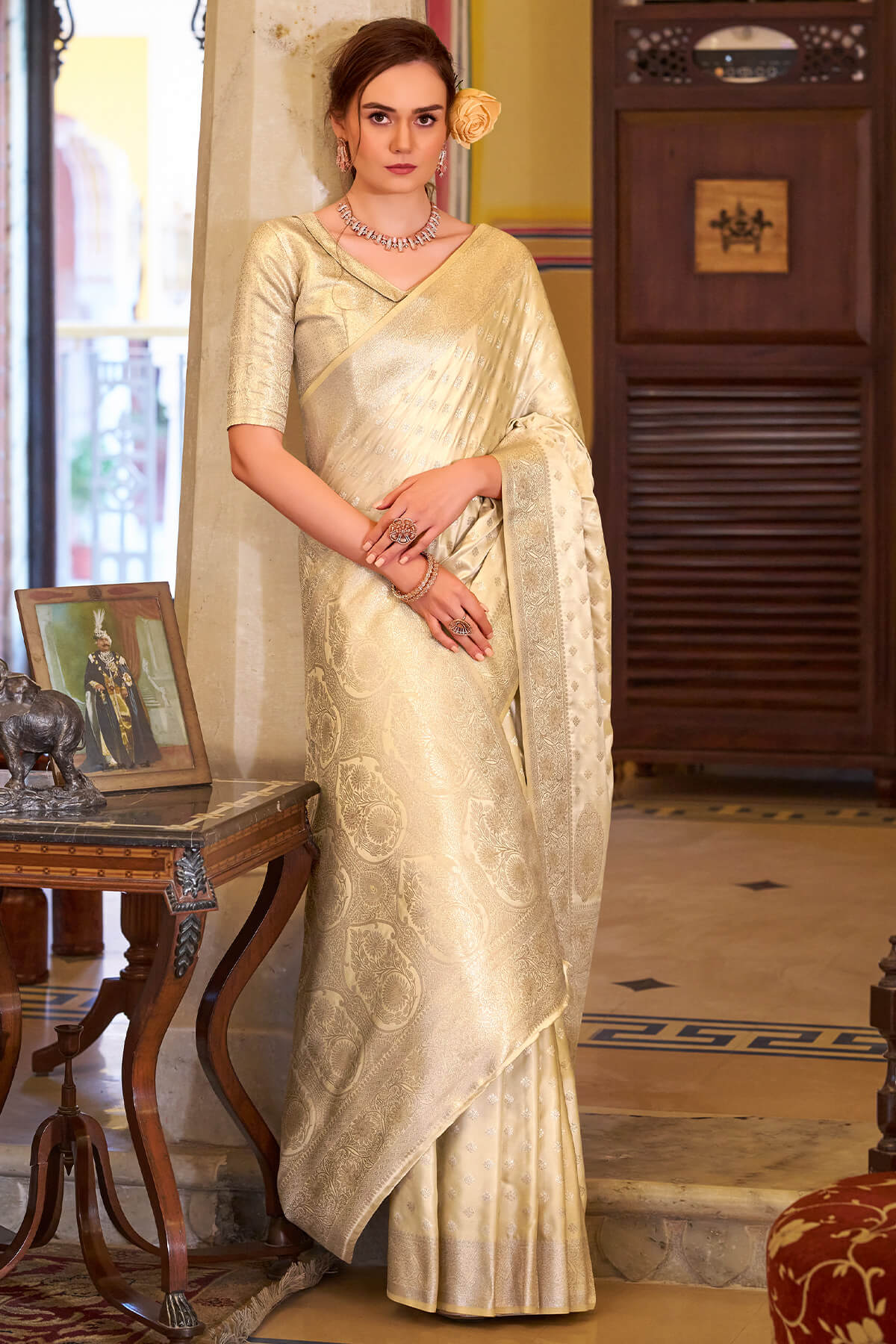 Imbrication Beige Banarasi Satin Silk Saree With Smashing Blouse