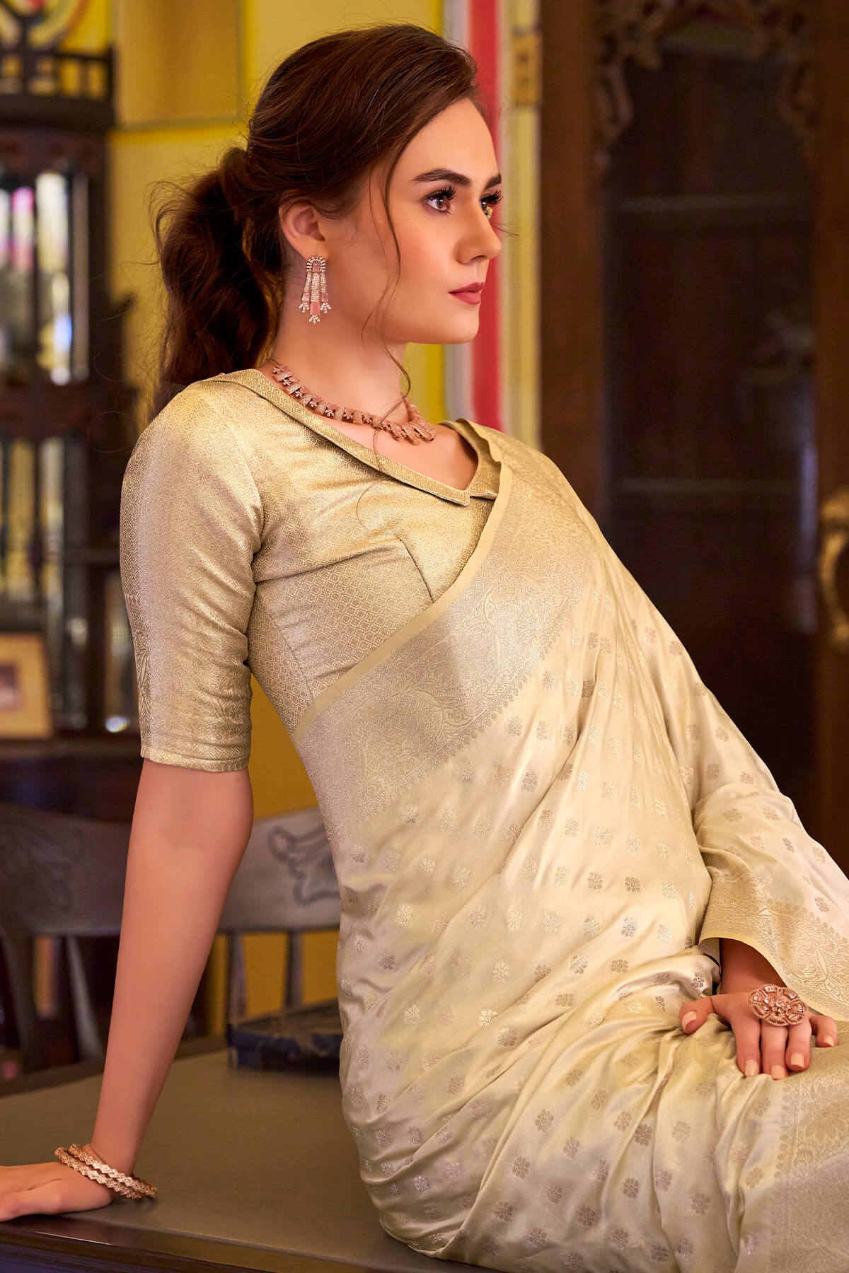 Imbrication Beige Banarasi Satin Silk Saree With Smashing Blouse