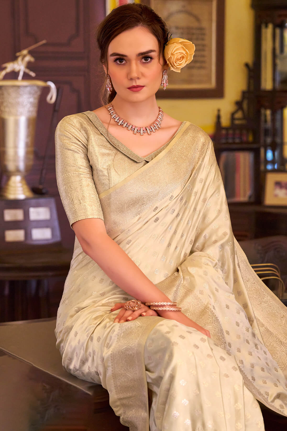 Imbrication Beige Banarasi Satin Silk Saree With Smashing Blouse