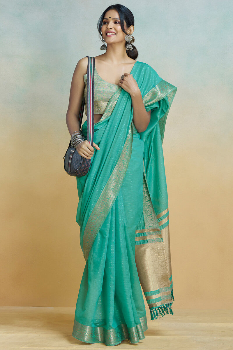 Lustrous Sea Green Cotton Silk Saree With Proficient Blouse Piece
