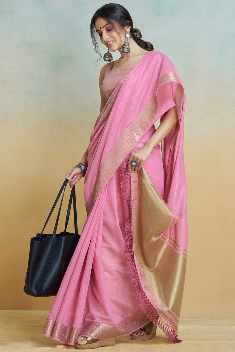 Brood Baby Pink Cotton Silk Saree With Susurrous Blouse Piece