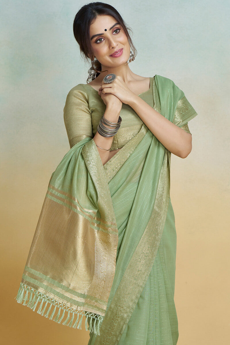 Evanescent Pista Cotton Silk Saree With Confounding Blouse Piece