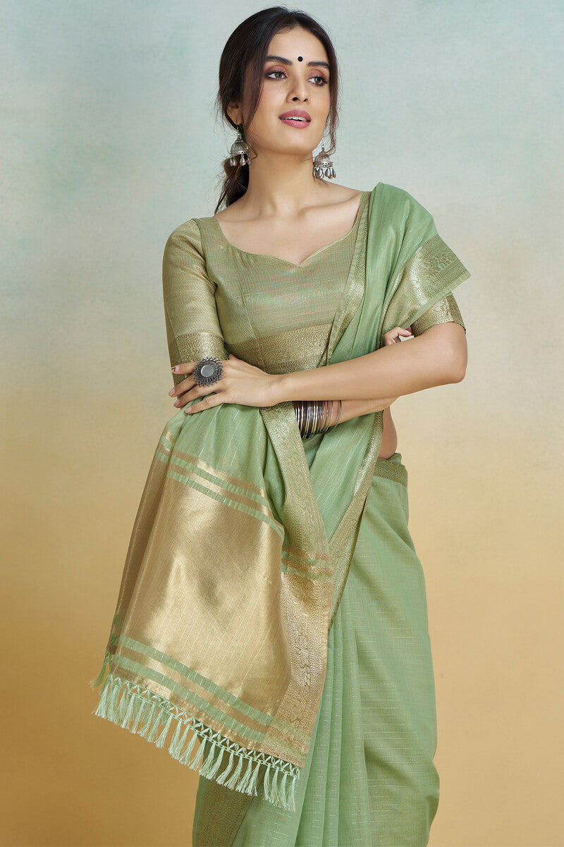 Evanescent Pista Cotton Silk Saree With Confounding Blouse Piece