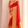 Most Stunning Red Soft Banarasi Silk Saree With Embrocation Blouse Piece