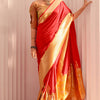Most Stunning Red Soft Banarasi Silk Saree With Embrocation Blouse Piece