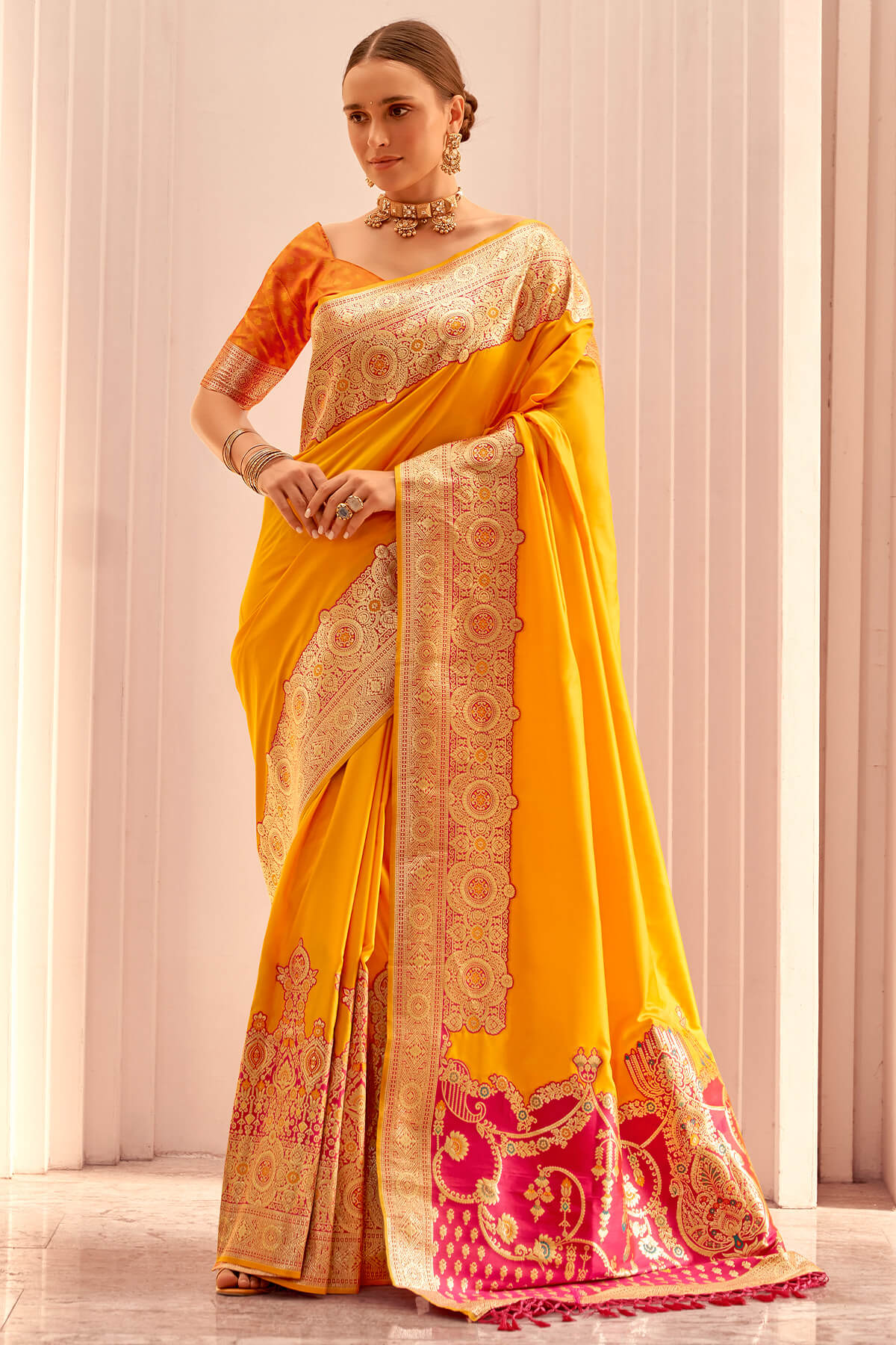 Susurrous Yellow Soft Banarasi Silk Saree With Surreptitious Blouse Piece