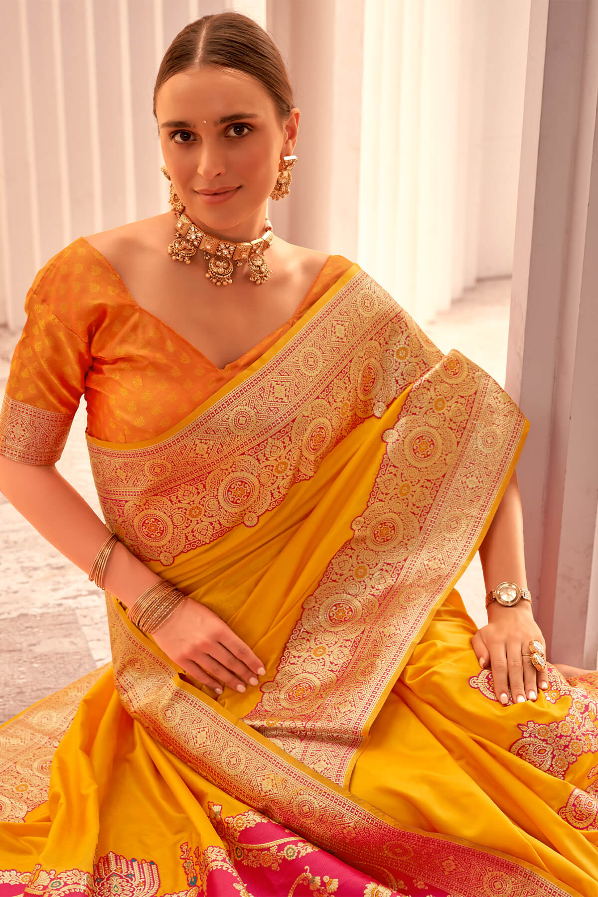 Susurrous Yellow Soft Banarasi Silk Saree With Surreptitious Blouse Piece