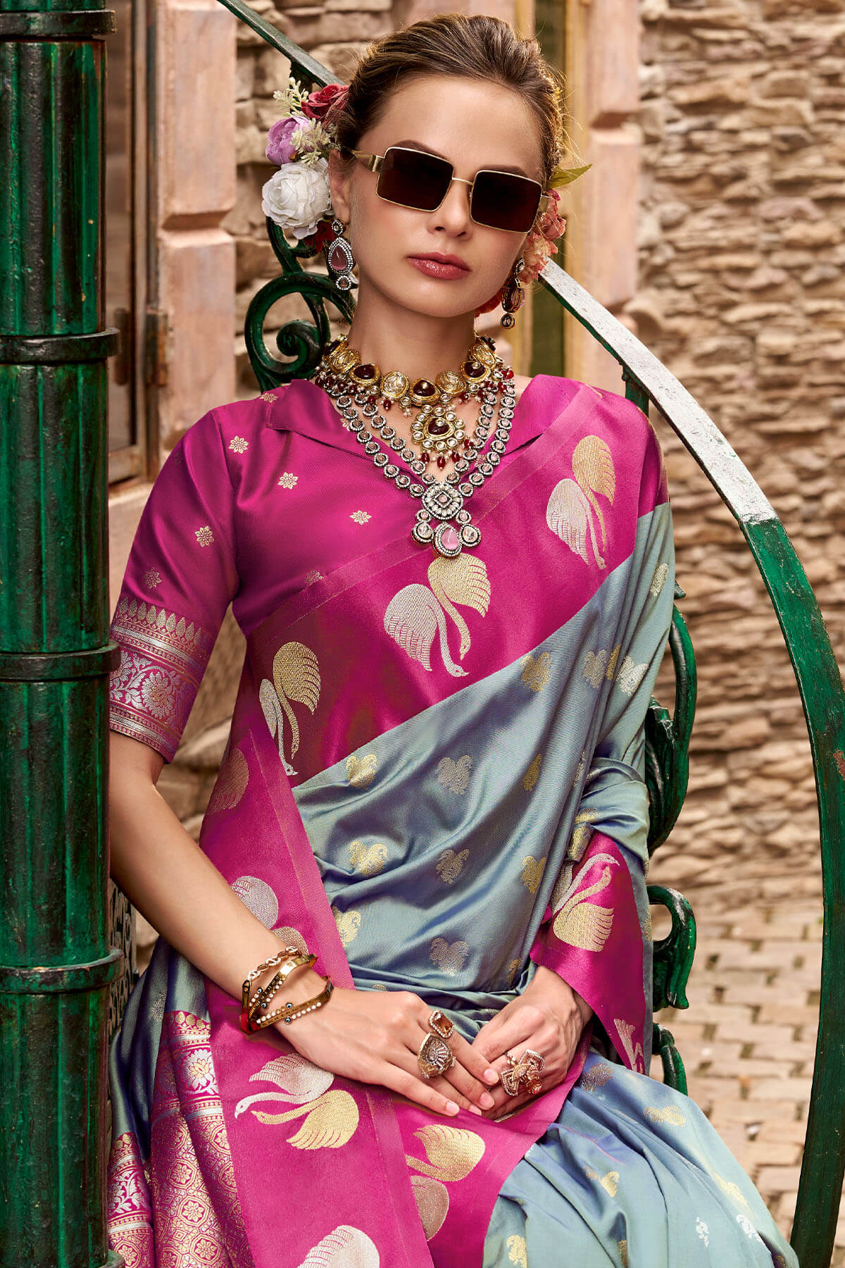 Lovely Grey Banarasi Satin Silk Saree With Mesmerising Blouse