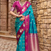 Beautiful Firozi Banarasi Satin Silk Saree With Whimsical Blouse
