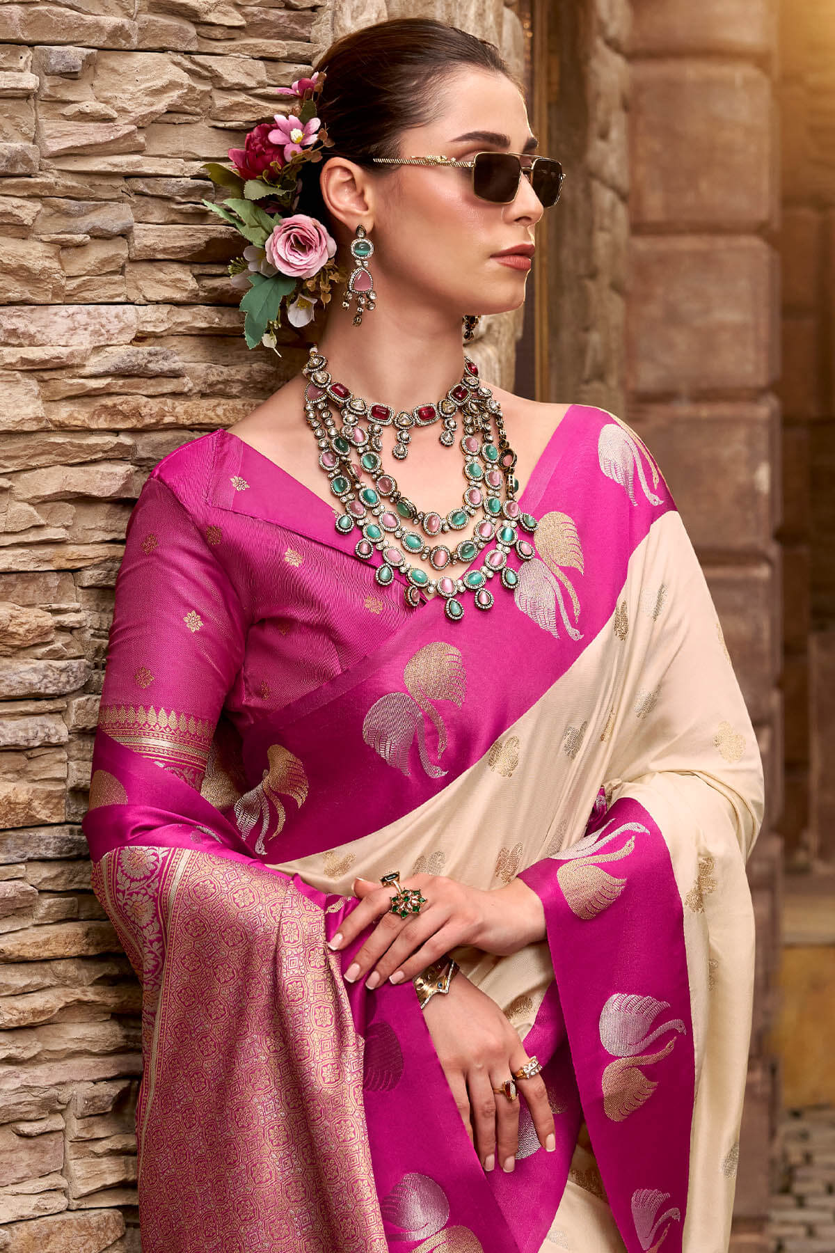 Profuse Beige Banarasi Satin Silk Saree With Admirable Blouse