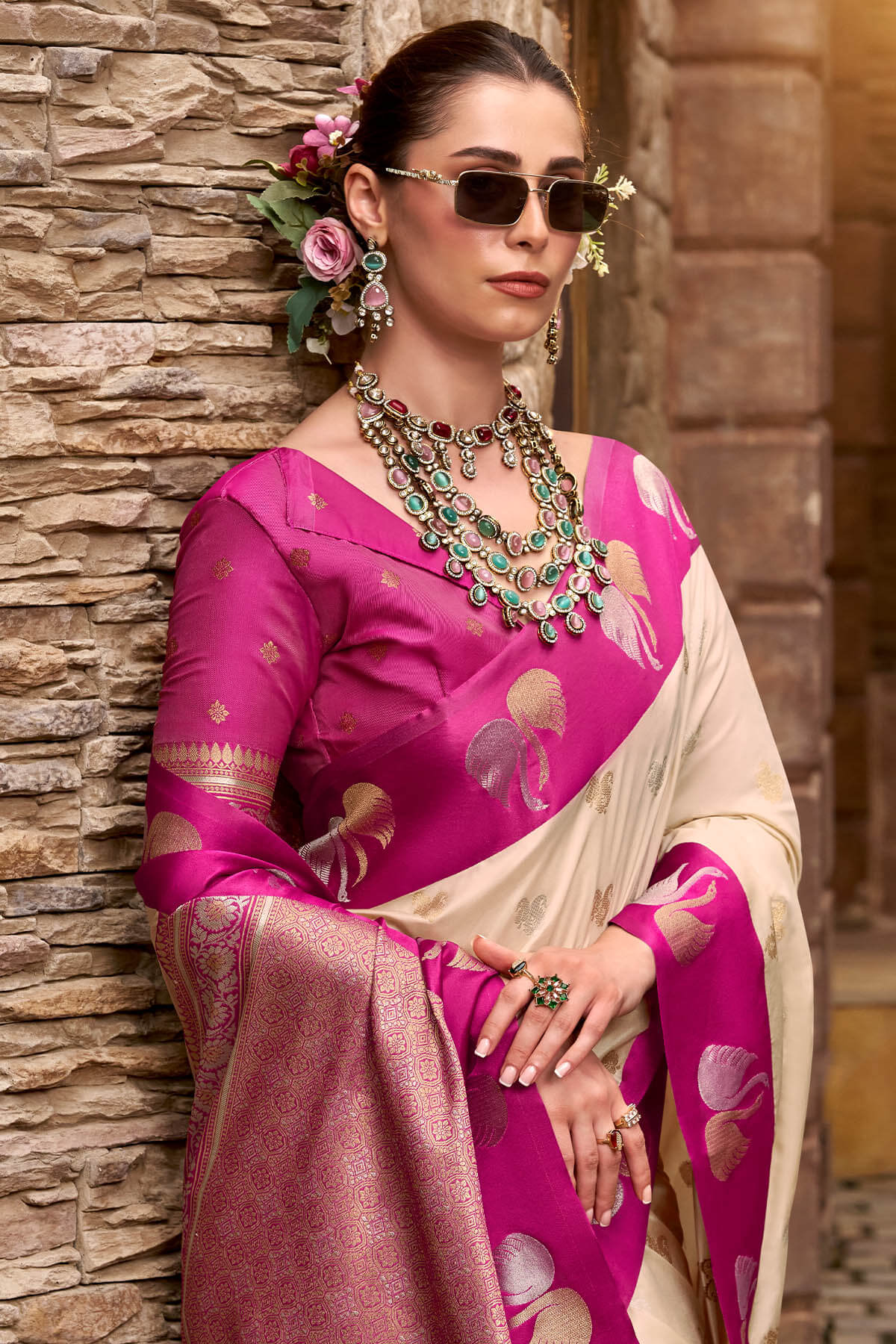 Profuse Beige Banarasi Satin Silk Saree With Admirable Blouse