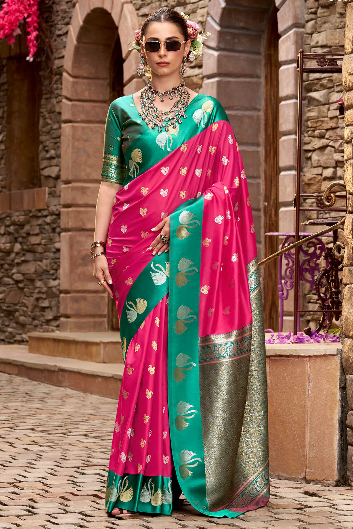Ornate Dark Pink Banarasi Satin Silk Saree With Unique Blouse