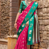 Ornate Dark Pink Banarasi Satin Silk Saree With Unique Blouse