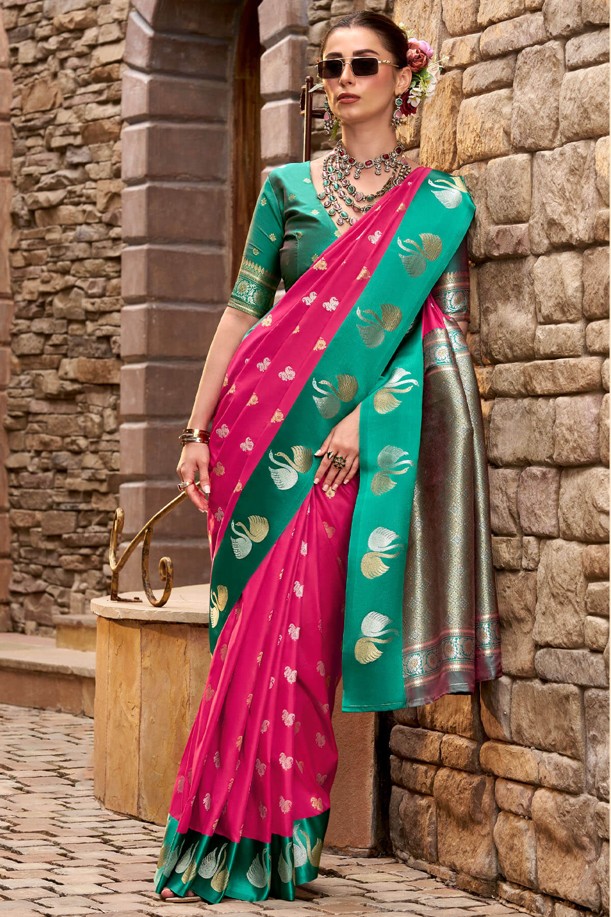Ornate Dark Pink Banarasi Satin Silk Saree With Unique Blouse