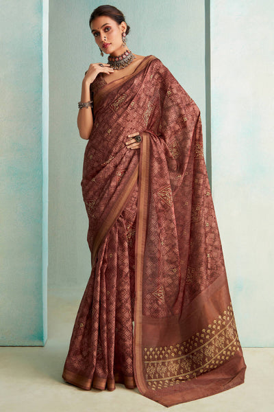 Dalliance Wine Digital Printed Soft Silk Saree With Scrumptious Blouse Piece
