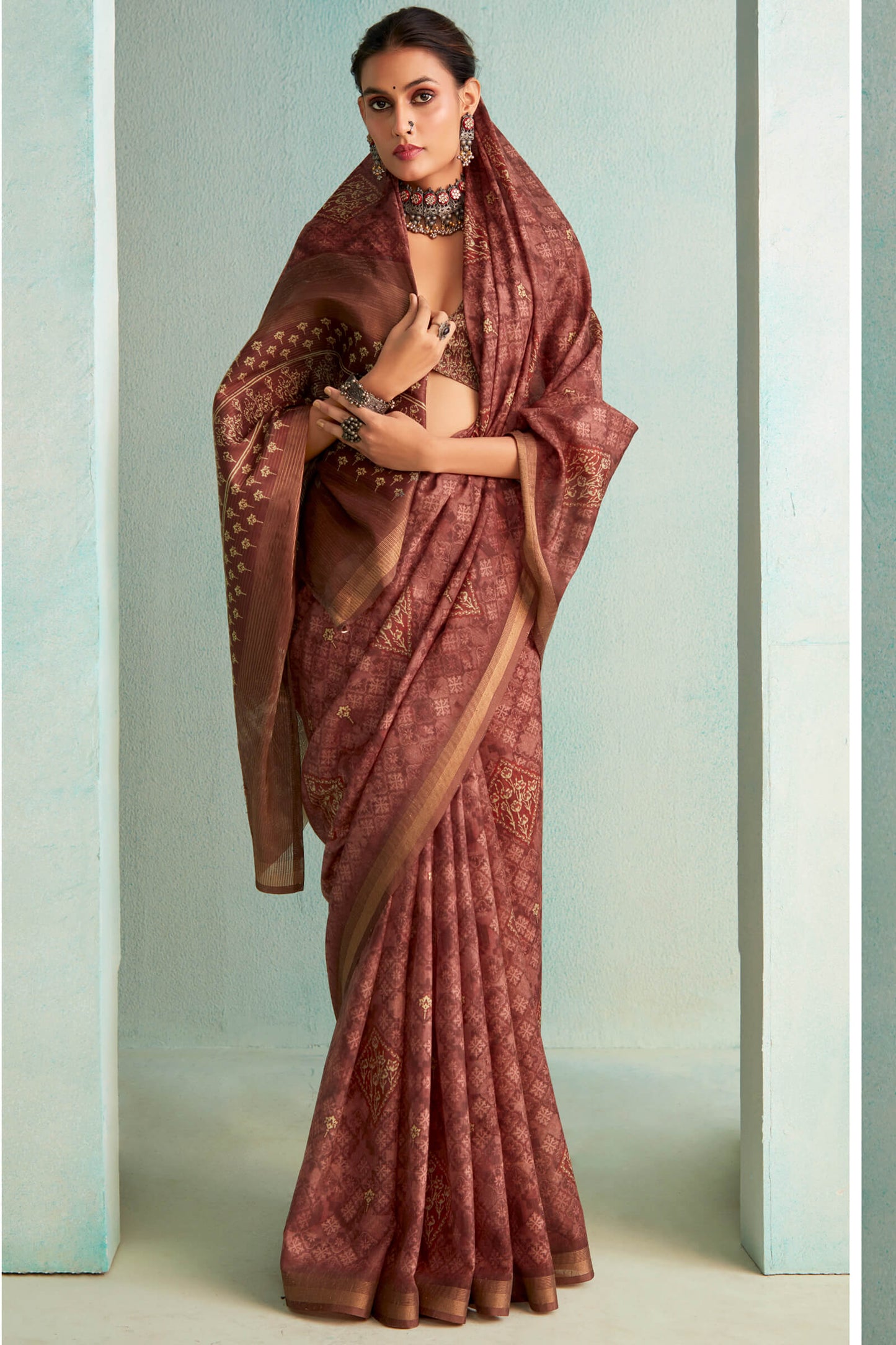 Dalliance Wine Digital Printed Soft Silk Saree With Scrumptious Blouse Piece