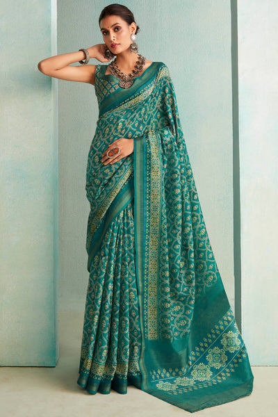 Incomparable Rama Digital Printed Soft Silk Saree With Demure Blouse Piece