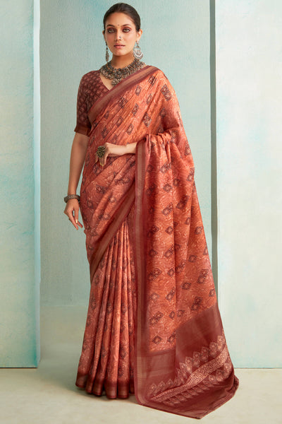 Cynosure Copper Digital Printed Soft Silk Saree With Vibrant Blouse Piece