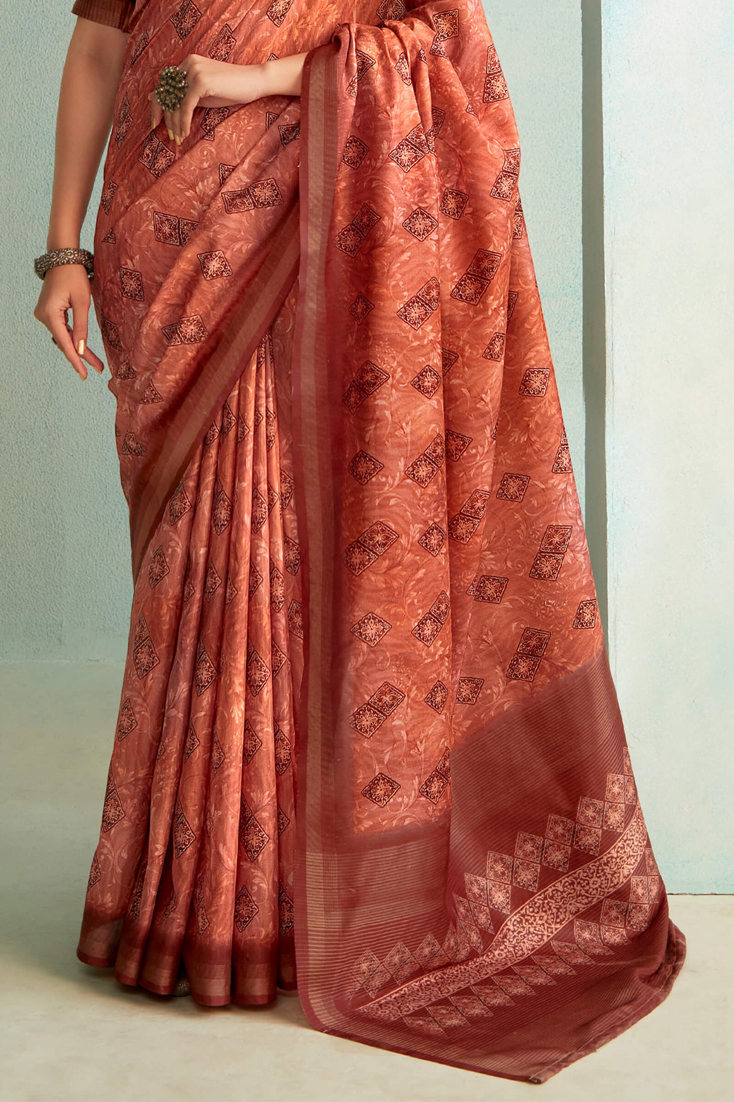 Cynosure Copper Digital Printed Soft Silk Saree With Vibrant Blouse Piece