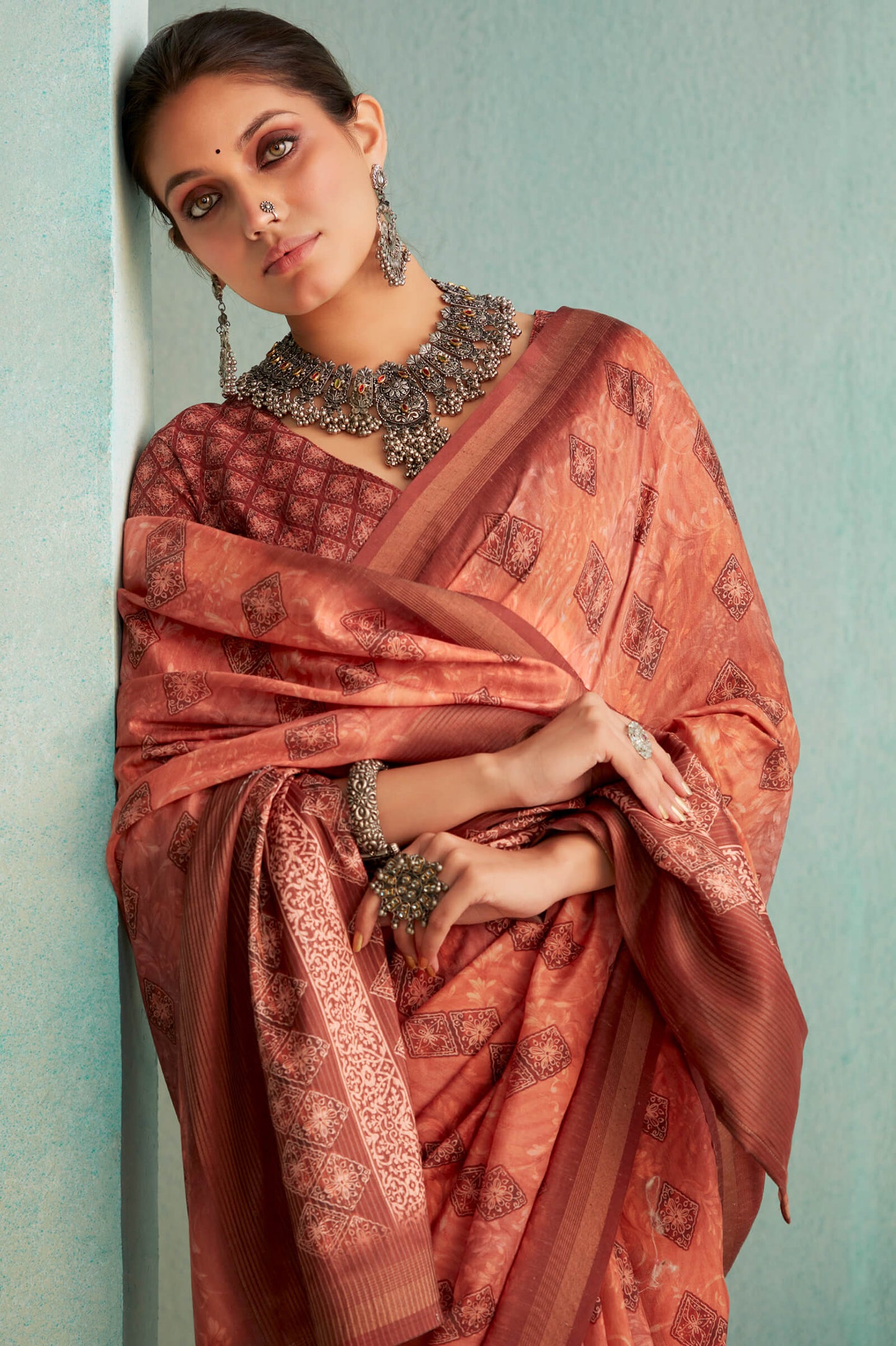 Cynosure Copper Digital Printed Soft Silk Saree With Vibrant Blouse Piece