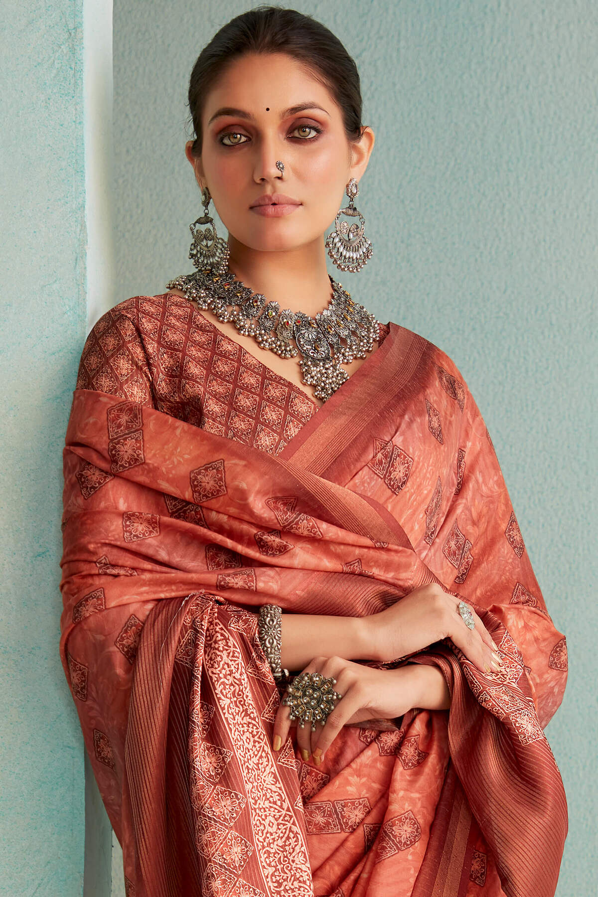 Cynosure Copper Digital Printed Soft Silk Saree With Vibrant Blouse Piece