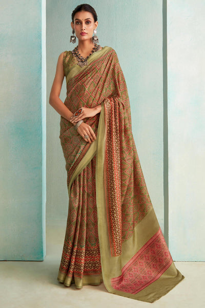 Opulent Green Digital Printed Soft Silk Saree With Pleasurable Blouse Piece