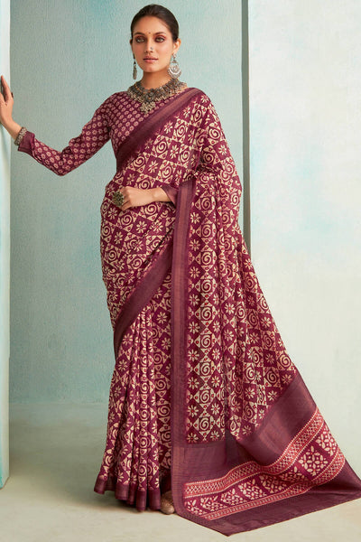 Ravishing Wine Digital Printed Soft Silk Saree With Girlish Blouse Piece