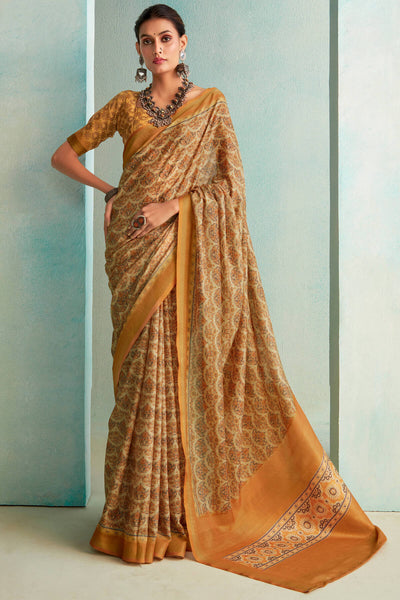 Epiphany Mustard Digital Printed Soft Silk Saree With Flattering Blouse Piece