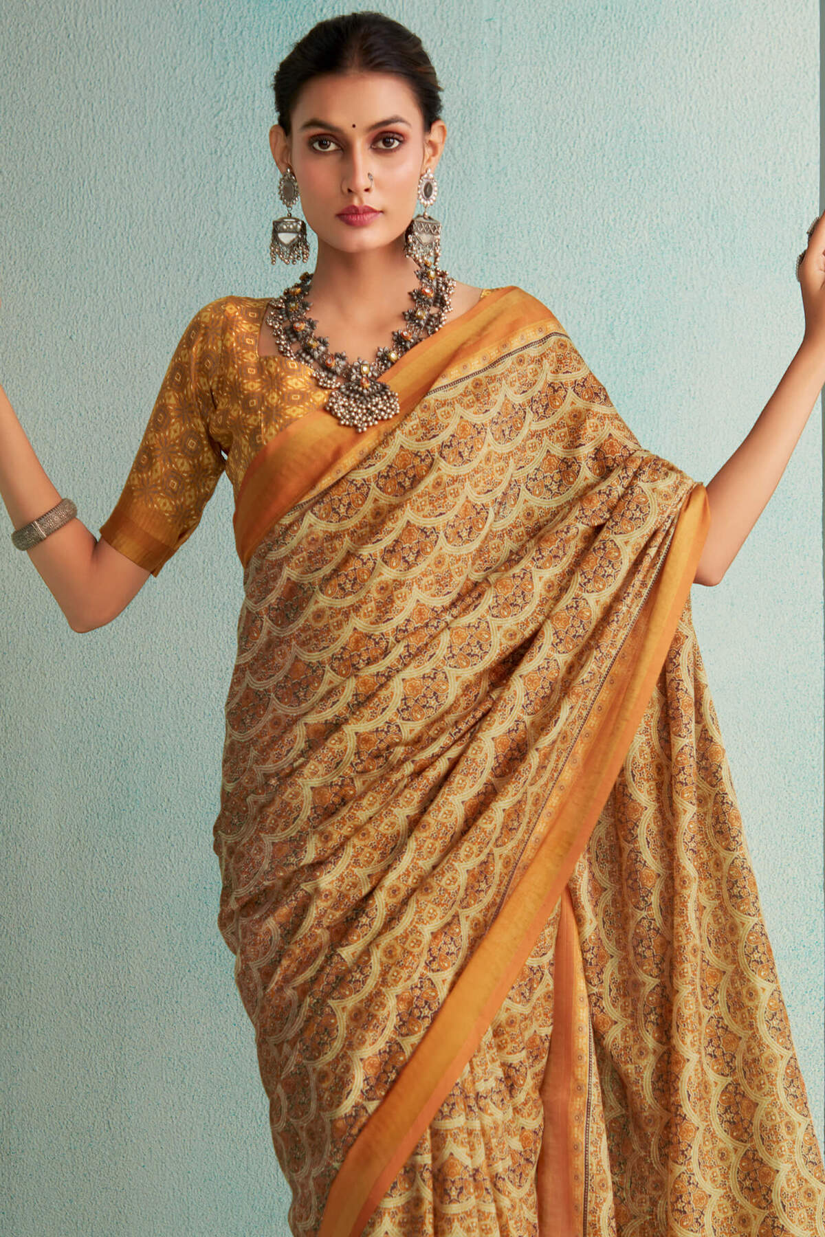 Epiphany Mustard Digital Printed Soft Silk Saree With Flattering Blouse Piece