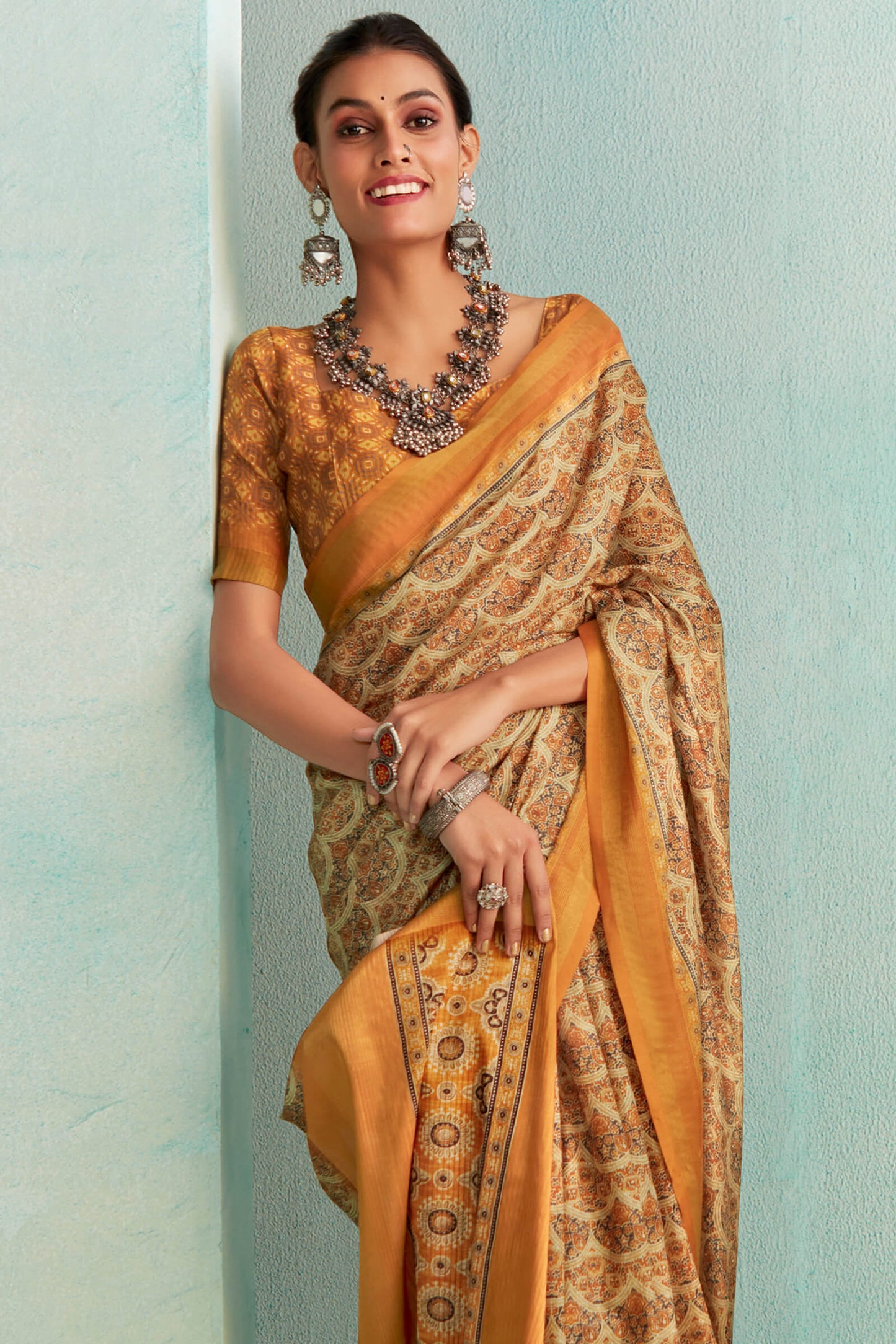 Epiphany Mustard Digital Printed Soft Silk Saree With Flattering Blouse Piece