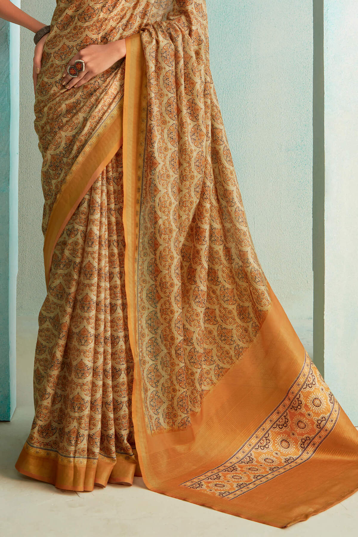Epiphany Mustard Digital Printed Soft Silk Saree With Flattering Blouse Piece