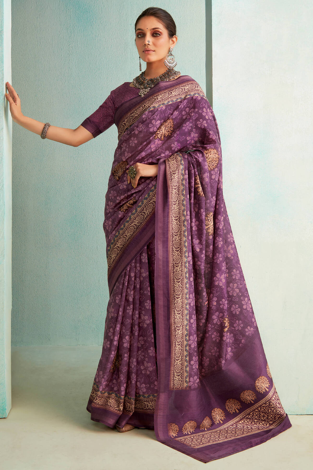 Opulent Purple Digital Printed Soft Silk Saree With Enigmatic Blouse Piece