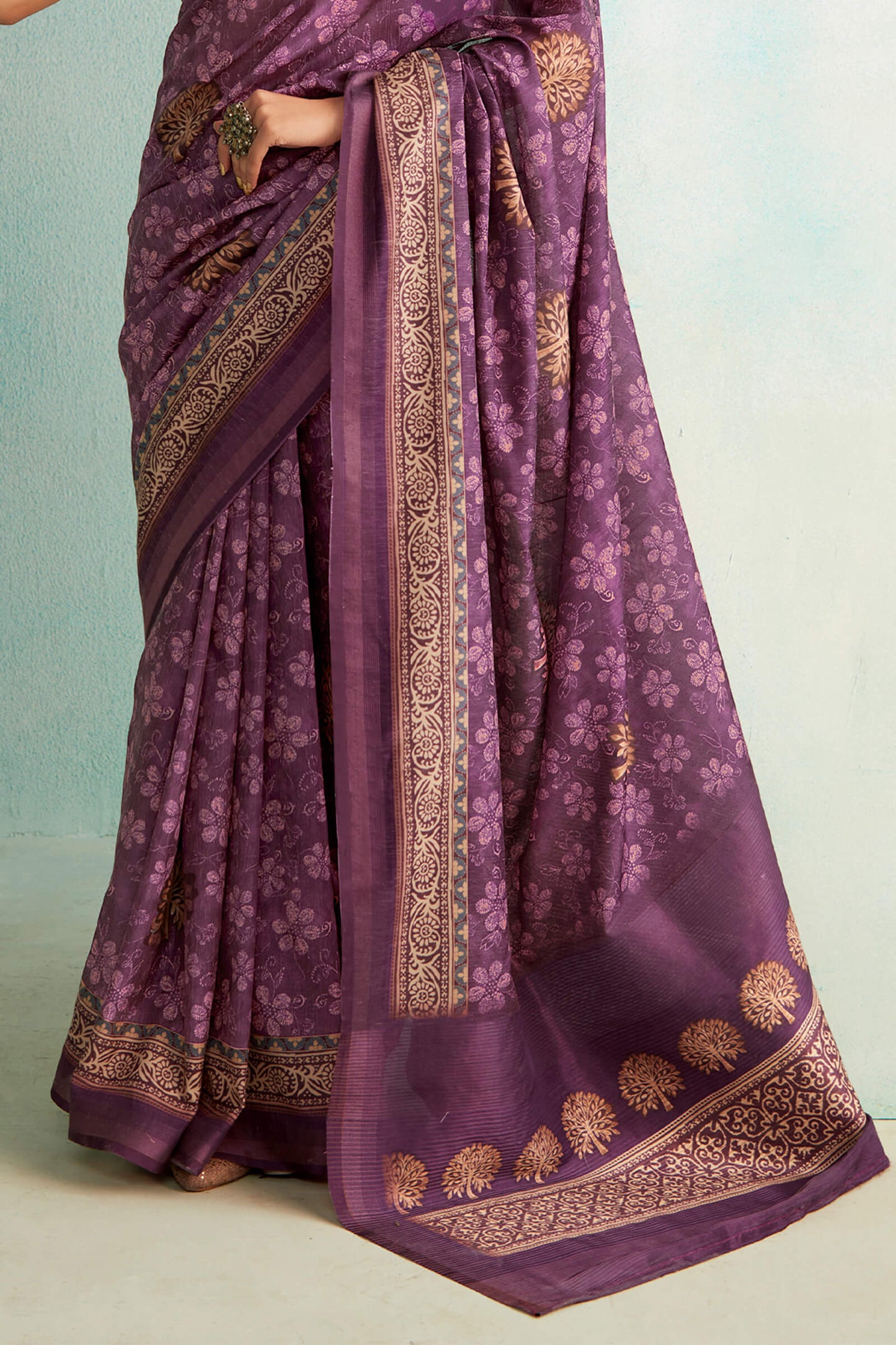 Opulent Purple Digital Printed Soft Silk Saree With Enigmatic Blouse Piece