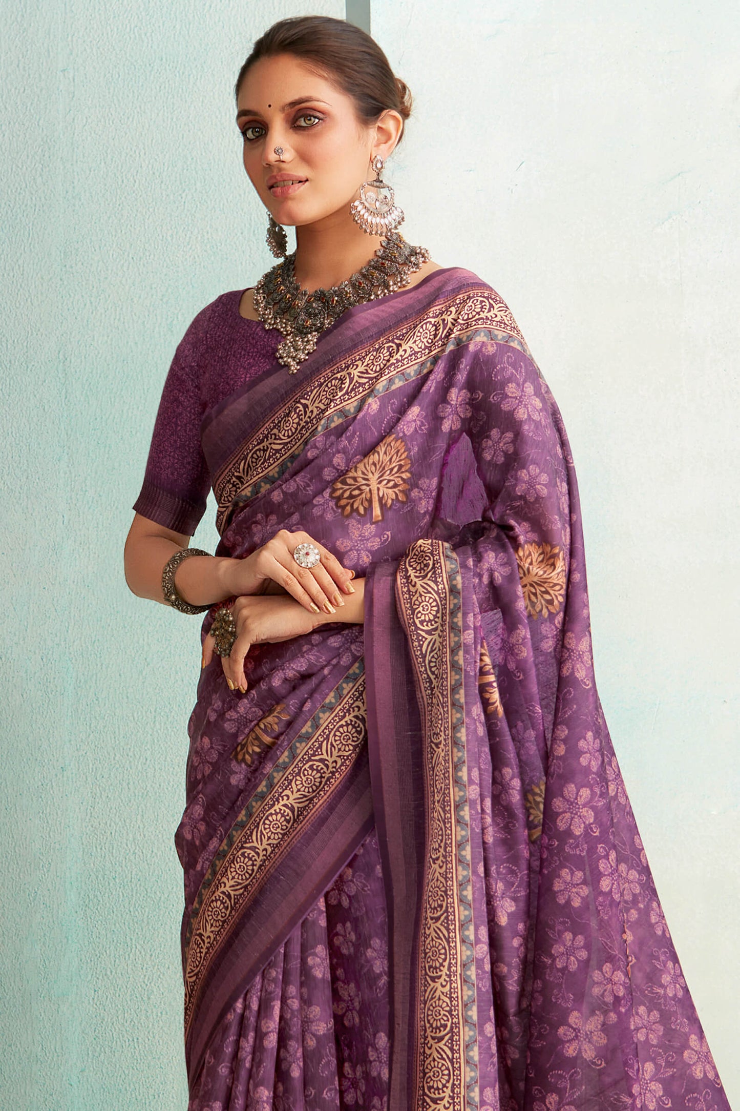 Opulent Purple Digital Printed Soft Silk Saree With Enigmatic Blouse Piece