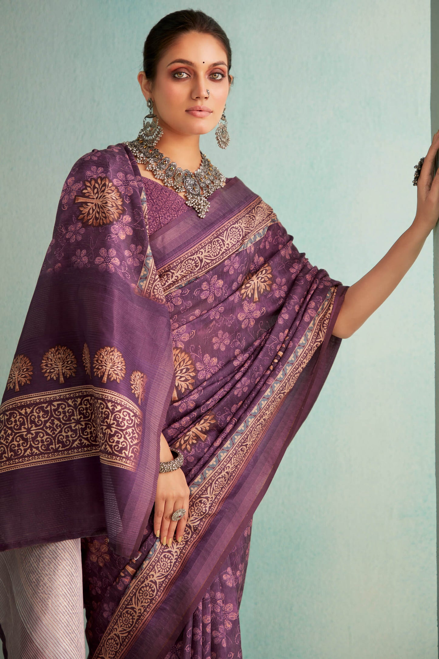 Opulent Purple Digital Printed Soft Silk Saree With Enigmatic Blouse Piece