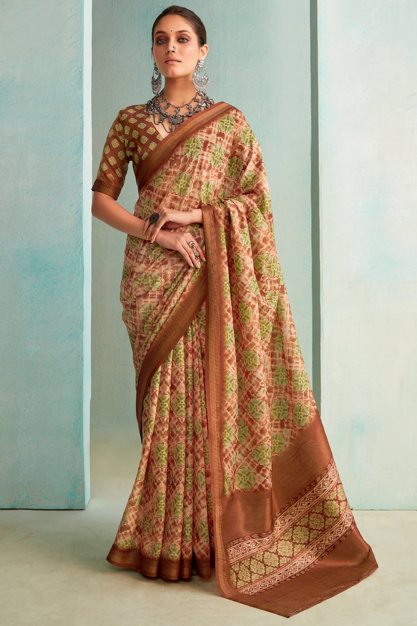 Eclat Brown Digital Printed Soft Silk Saree With Glittering Blouse Piece