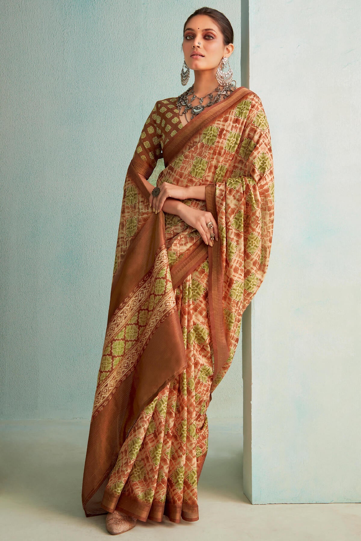 Eclat Brown Digital Printed Soft Silk Saree With Glittering Blouse Piece