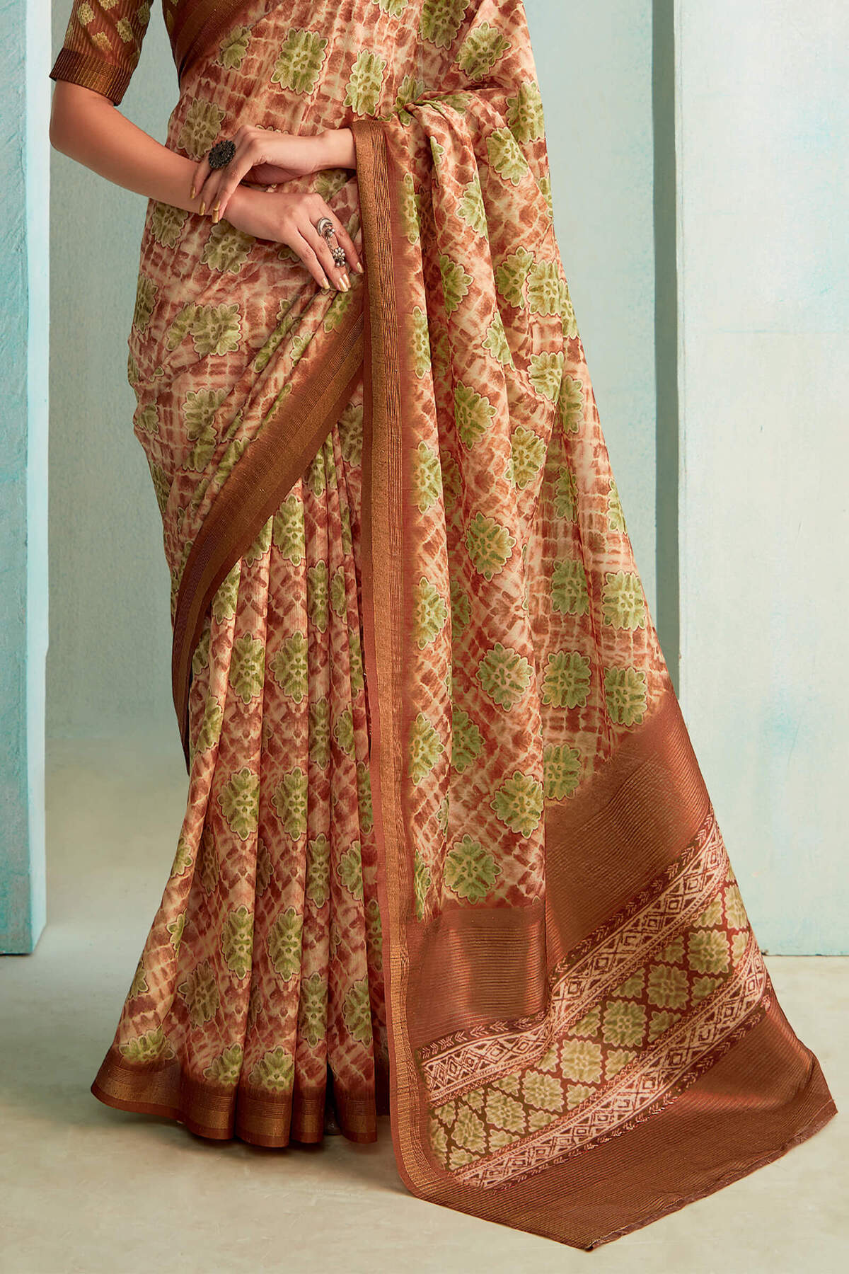 Eclat Brown Digital Printed Soft Silk Saree With Glittering Blouse Piece