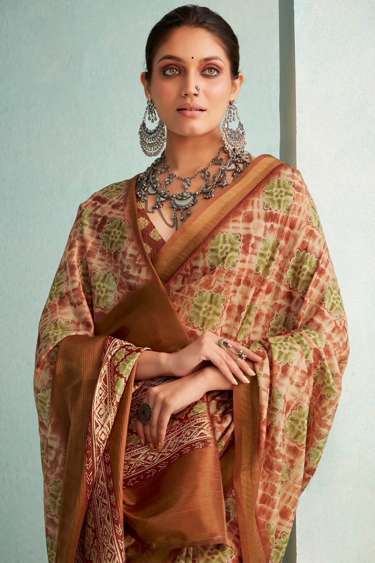 Eclat Brown Digital Printed Soft Silk Saree With Glittering Blouse Piece