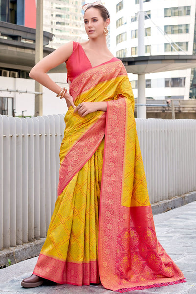 Eloquence Yellow Soft Banarasi Silk Saree With Sumptuous Blouse Piece