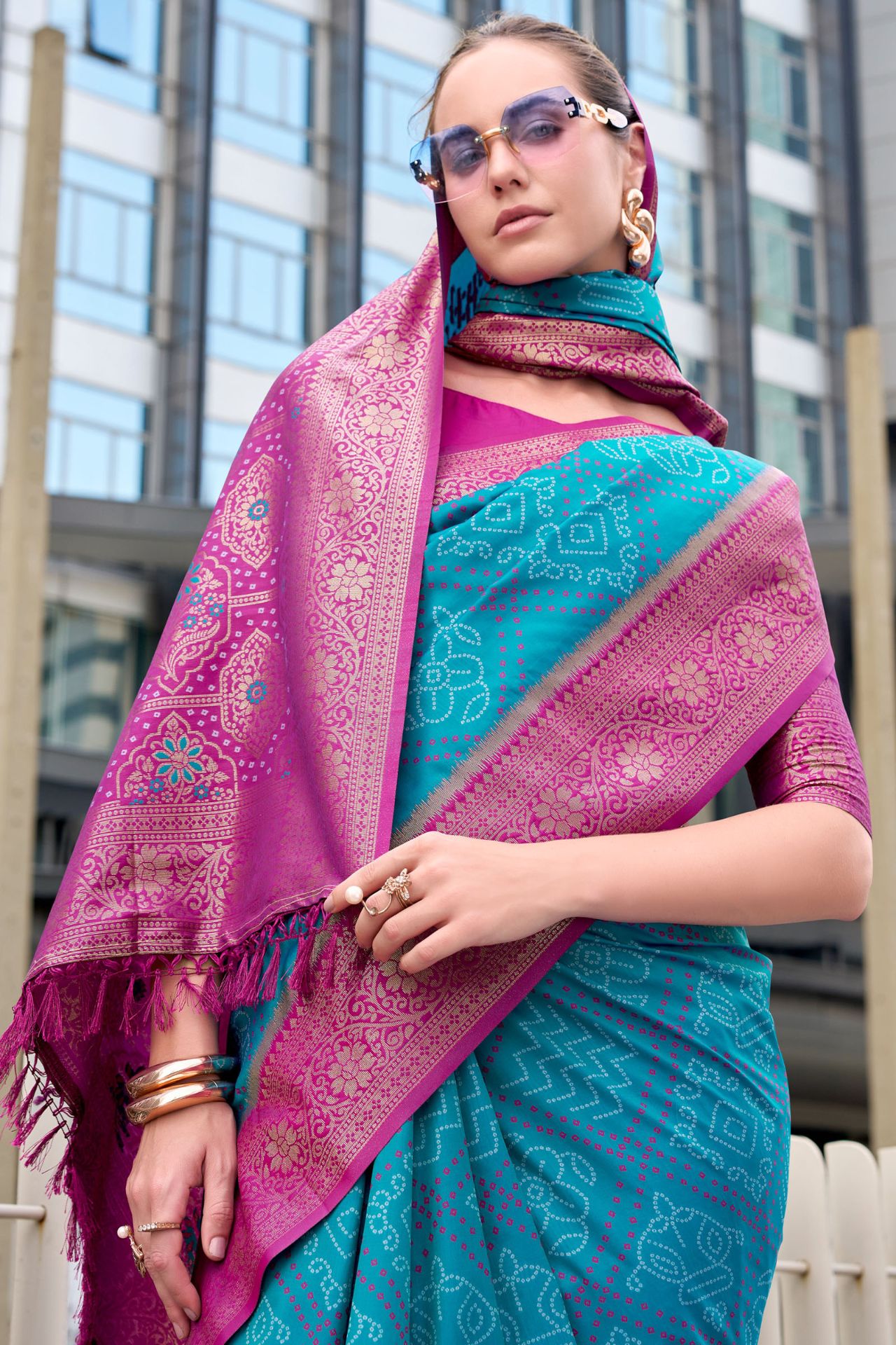 Nemesis Firozi Soft Banarasi Silk Saree With Moiety Blouse Piece