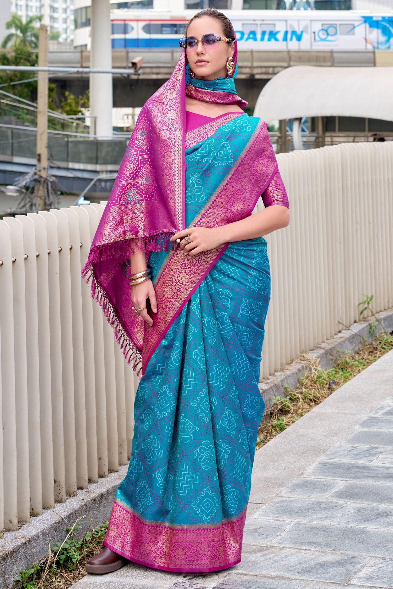Nemesis Firozi Soft Banarasi Silk Saree With Moiety Blouse Piece