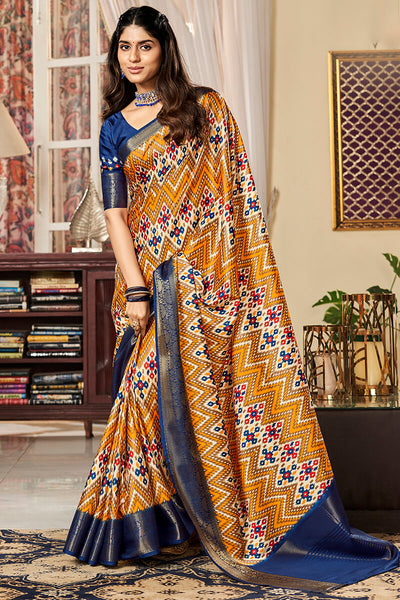Flameboyant Mustard Digital Printed Satin Silk Saree With Traditional Blouse Piece
